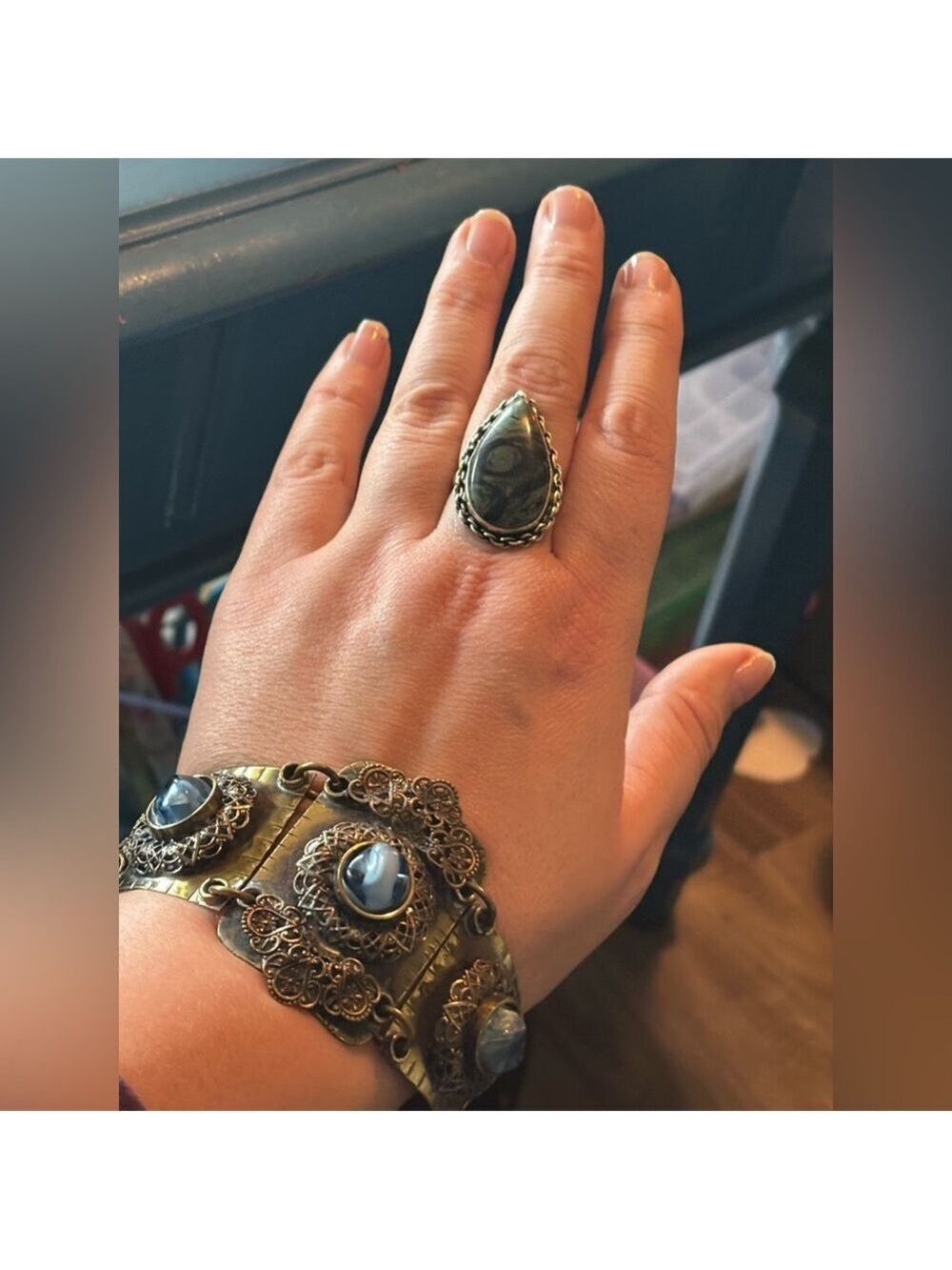 c.1930’s Art Deco Brass Filigree + Hand-Marbled Czech Glass Bracelet • Rare - Picture 7 of 16